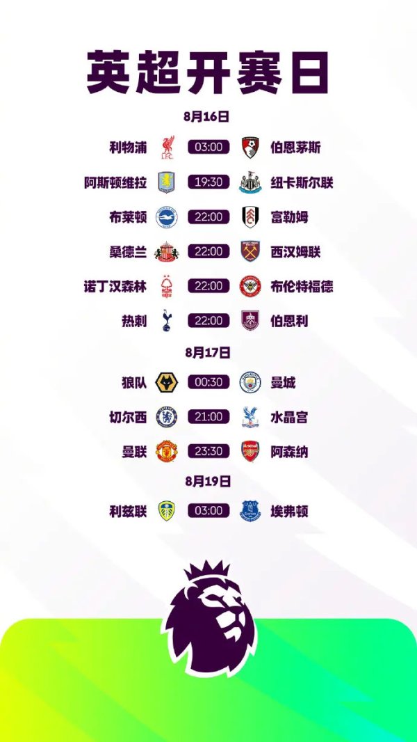 英超新赛季8月16日开赛 揭幕战利物浦VS伯恩茅斯