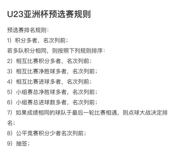 U23亚预赛小组第二同分排名规则：净胜球→总得分  →公正  竞赛分
