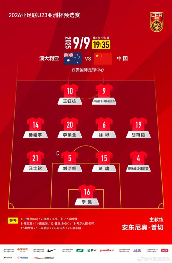 442！U22国足官方阵形  ：锋线王钰栋搭档拜合拉木，胡荷韬右边前卫