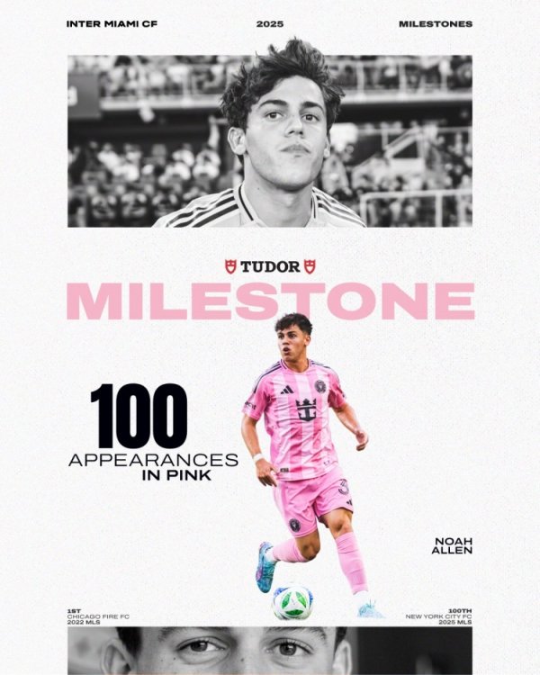 里程碑！迈阿密社媒祝贺：21岁后场球员艾伦迎来第100次出场 💗👏