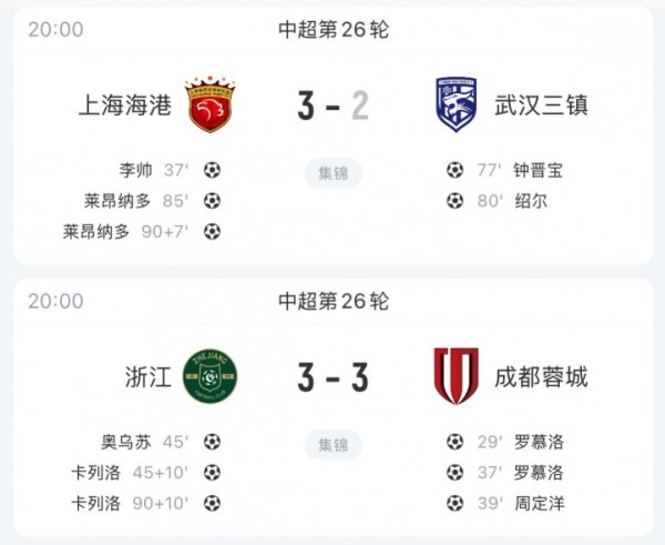 疯狂！中超本轮争冠积分时间线：蓉城一度领跑  3分，海港最终反超