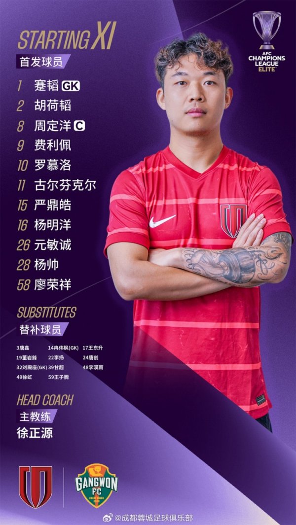 亚冠职业联赛  成都蓉城vs江原FC赛事  杆位名单出炉！成都，雄起！