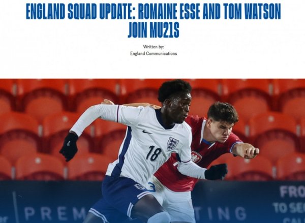 官方：英格兰U21补招埃塞、汤姆-沃特森，麦利因伤退赛