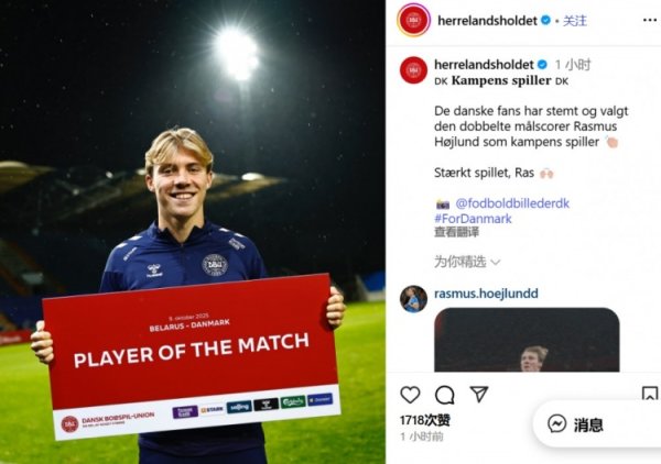 2球1助功  ！官方：霍伊伦当选丹麦6-0白俄罗斯队内最佳球员