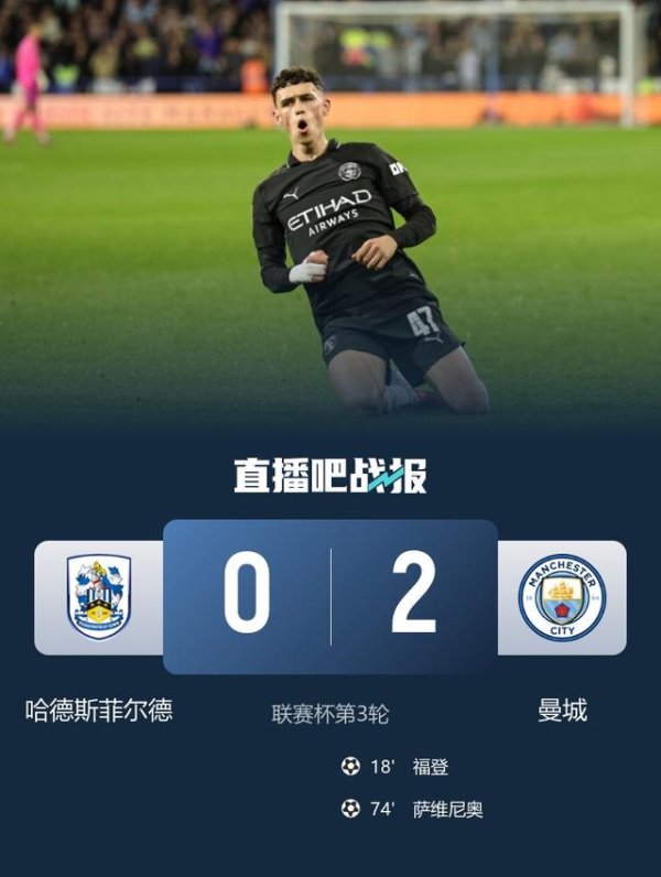 福登传射！曼城职业联赛  杯2-0哈德斯菲尔德晋级下一轮  16强 萨维尼奥赛季首球