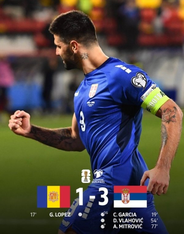 世预赛-塞尔维亚3-1客胜安道尔 弗拉霍维奇破门米特洛维奇点射