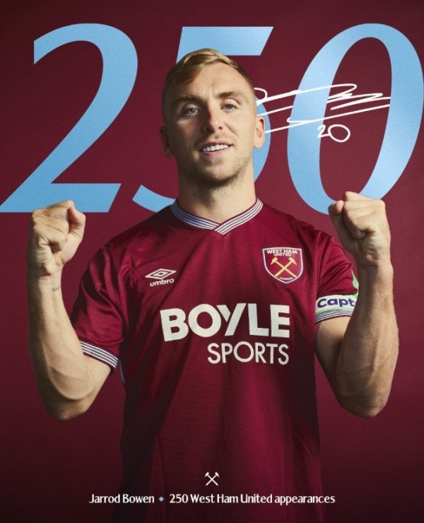 本赛季3球2助，鲍文迎西汉姆联生涯250场里程碑之战